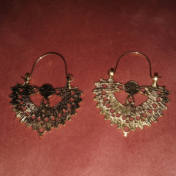 Bronze Turquoise Filigree Hoop Earrings Bohemian Gold Lace Boho Huggie Hoops - Picture 4 of 4